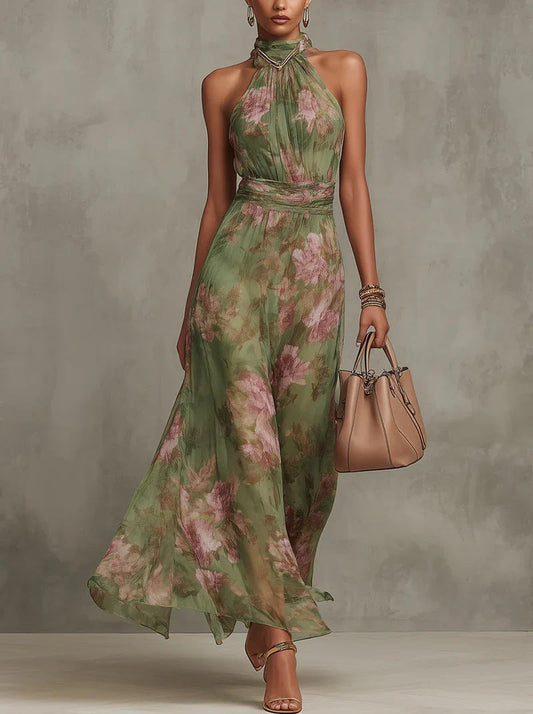 Olive Mirage Watercolor Halter Maxi Dress