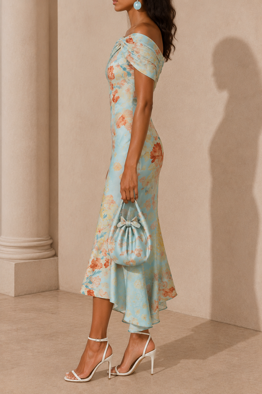 Blue Floral One Shoulder Mermaid Midi Dress