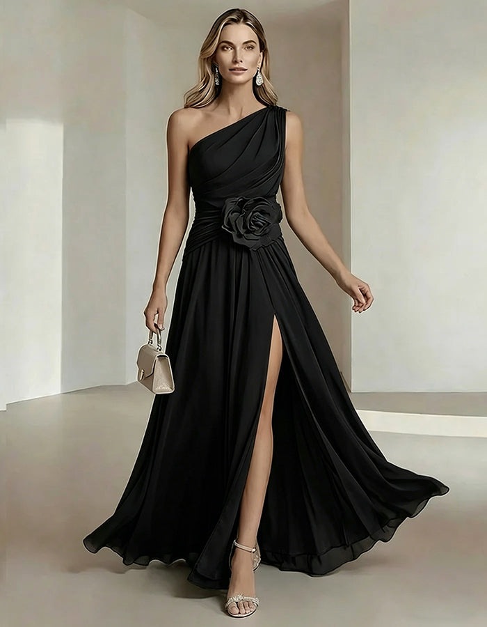 Solid Color One Shoulder Chiffon Dress With 3D Floral High Slit Maxi Dress