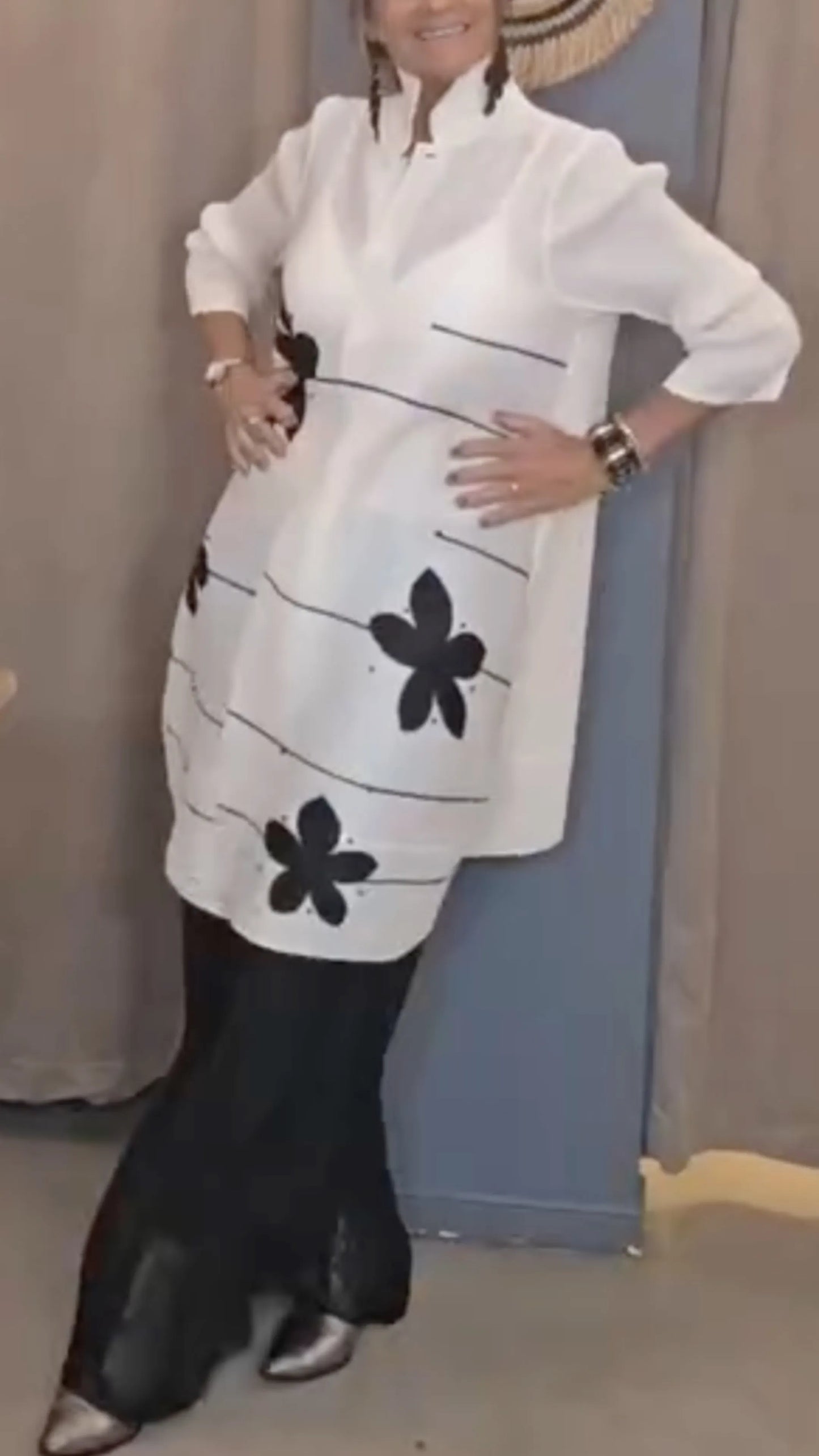 Women's Printed Longline Lounge Shirt with Lapel Collar