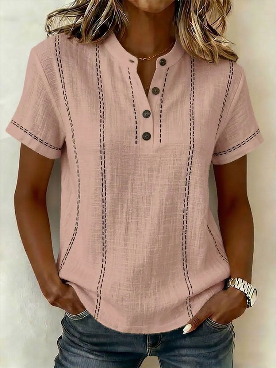 Women's V-neck Short-sleeve Casual Loose Cotton Top