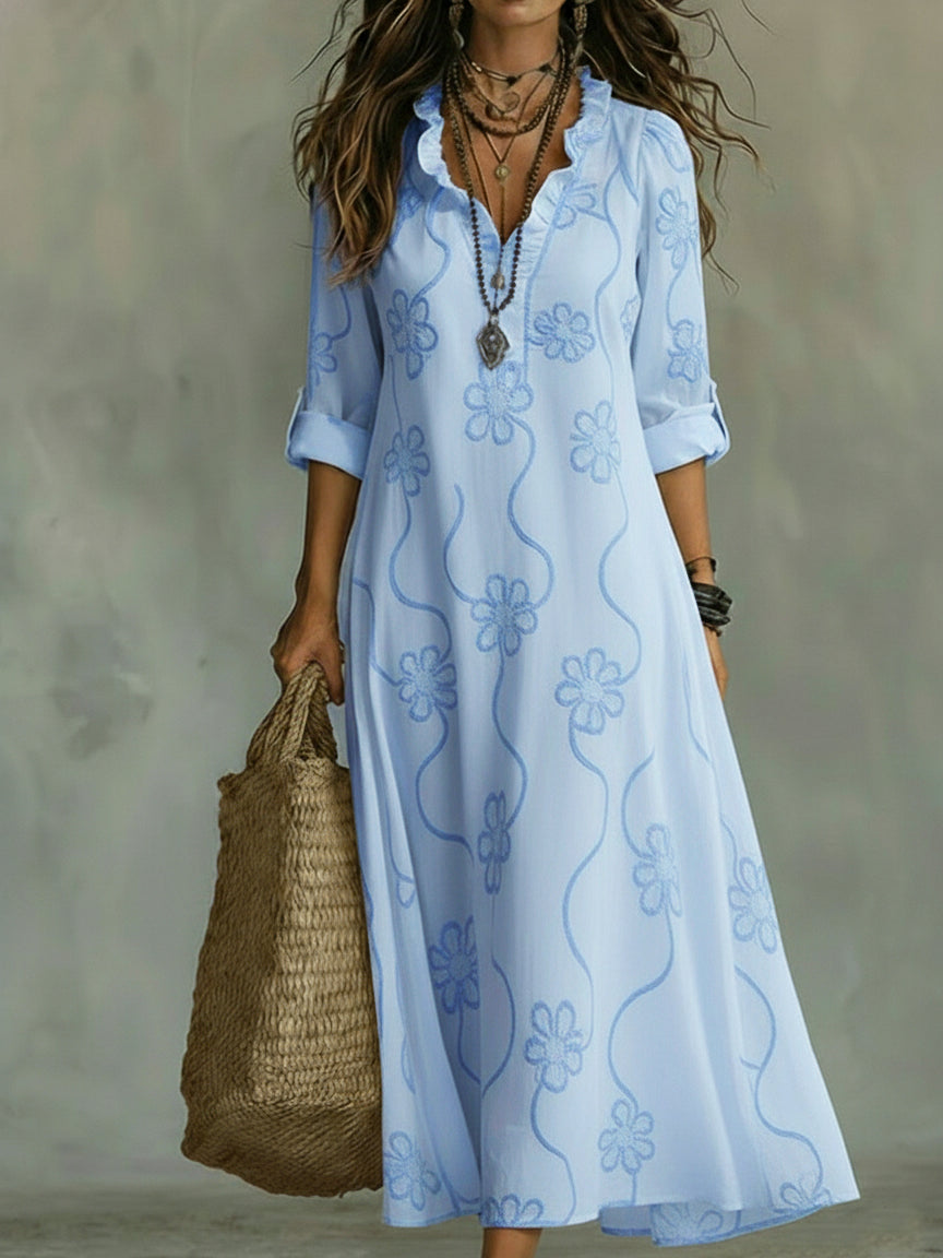 Embroidered V Neck Maxi Dress Casual Fit