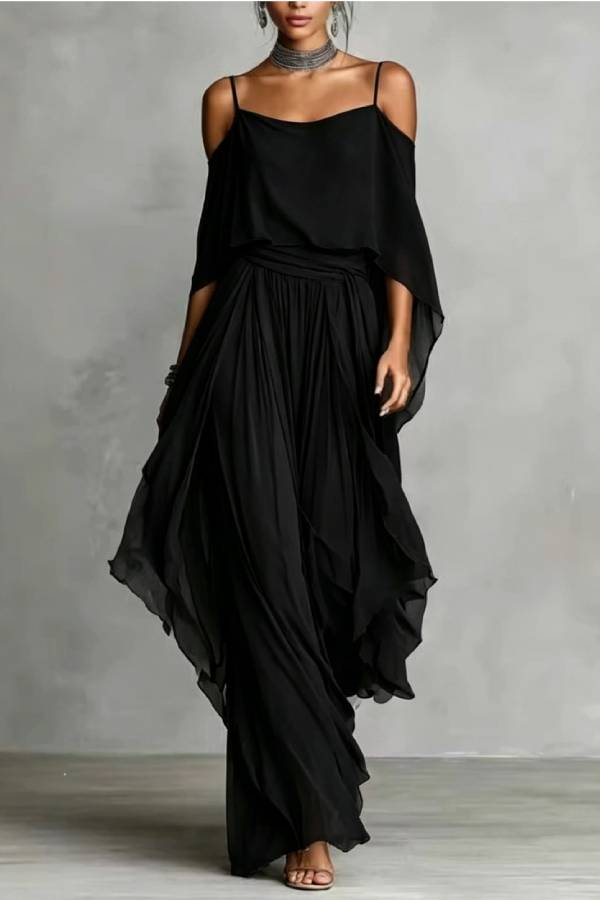 Silver Grey Cold-Shoulder Chiffon Top & Flowing Pants Set