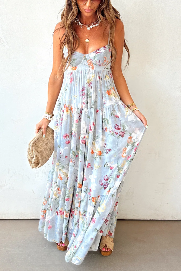 Light Blue Floral Tiered Boho Maxi Dress – Soft Romantic Elegance