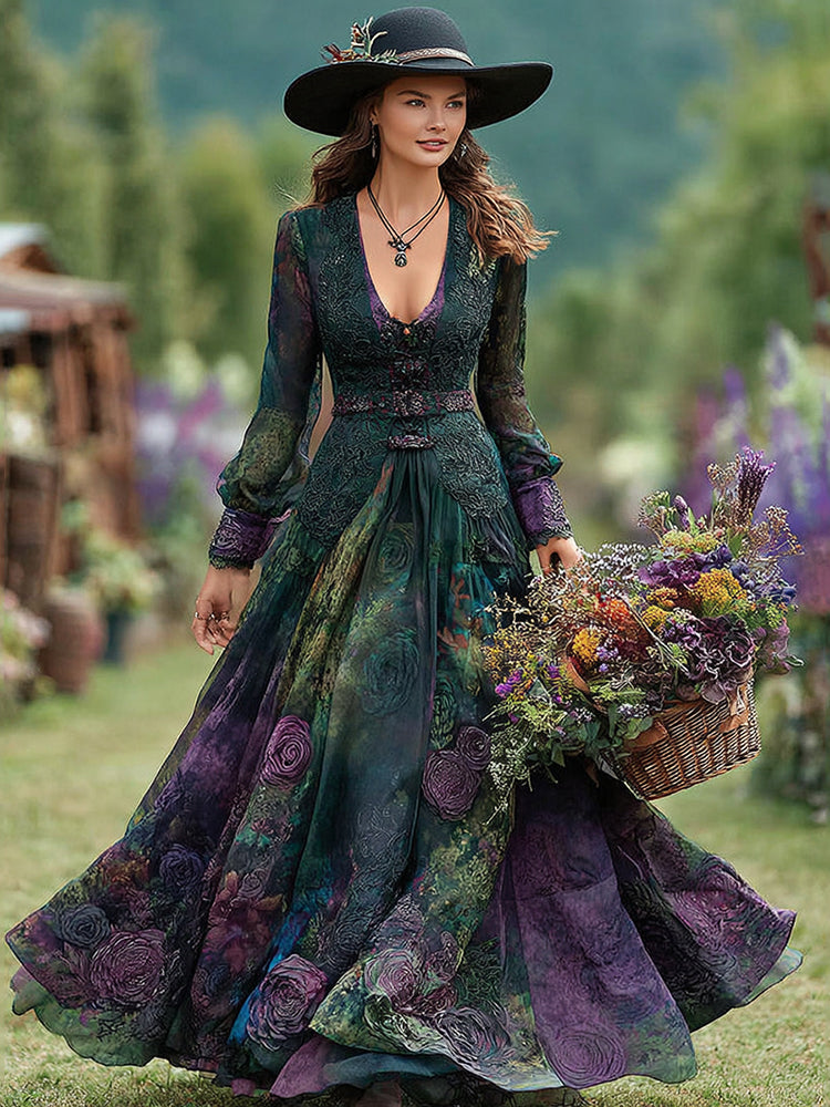Vintage Purple Floral Lace Art V Neck Long Sleeve Maxi Dress