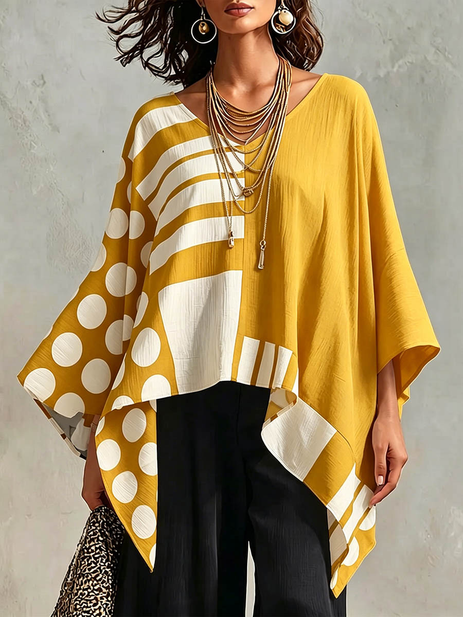 Women's Polka Dot & Geometric Print V-neck 3/4-sleeve Casual Loose Cotton-linen Top