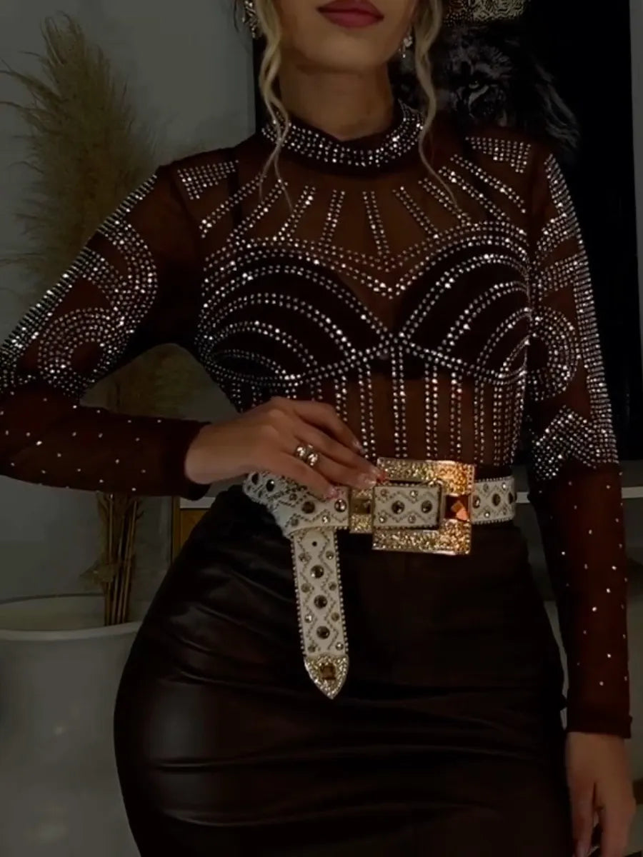 Brown Mesh Rhinestone Embellished High Neck Long Sleeve Top