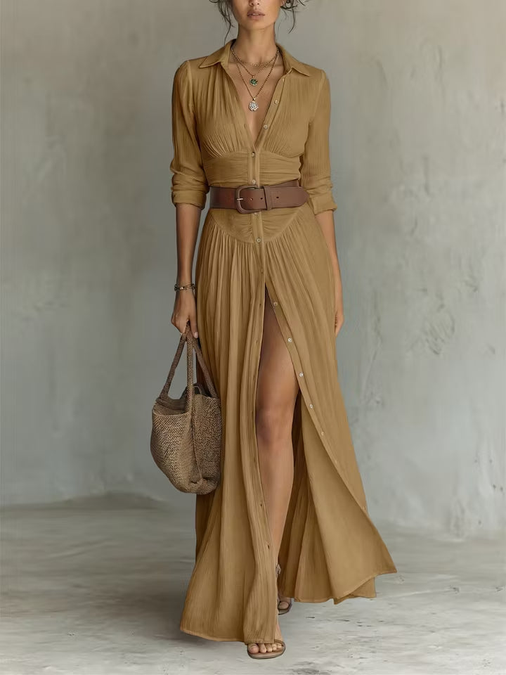 White Button-Down Pleated Shirt Maxi Dress – Effortless Resort Elegance