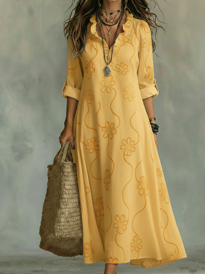 Embroidered V Neck Maxi Dress Casual Fit