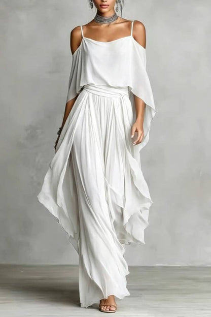 Silver Grey Cold-Shoulder Chiffon Top & Flowing Pants Set