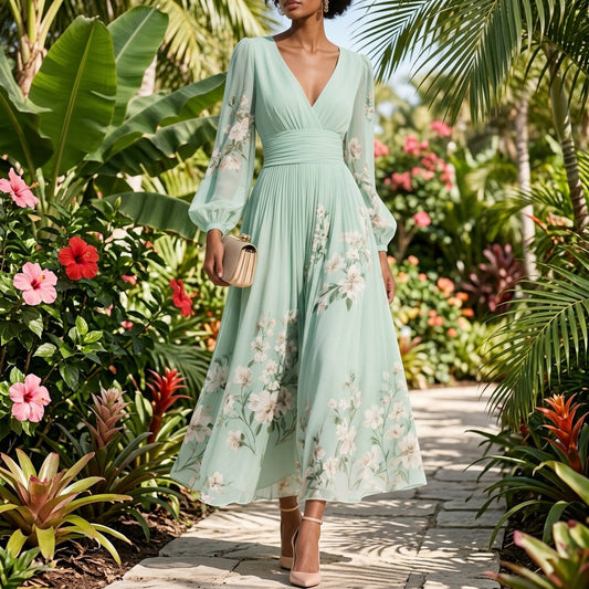 Sage Blossom Embroidered Sleeve Wrap Maxi Dress