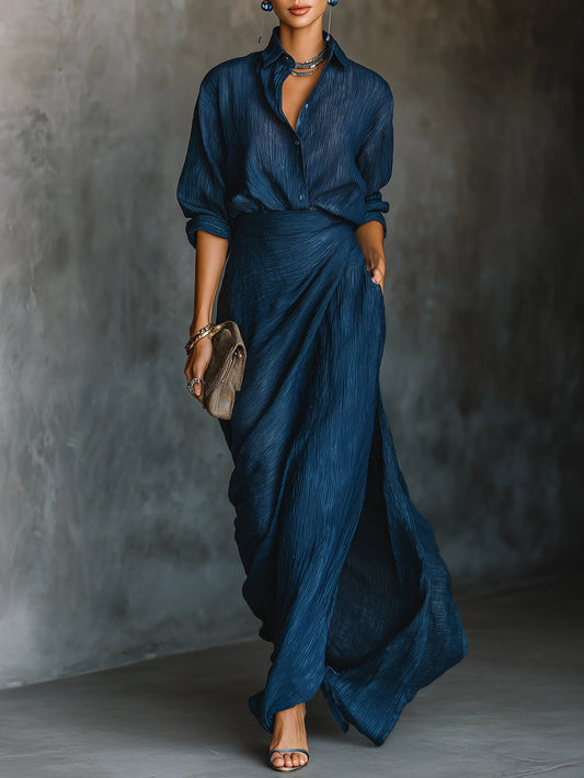Cotton And Linen Blend Draped Shirt & Skirt Set – Elegant Minimal Two Piece Outfit