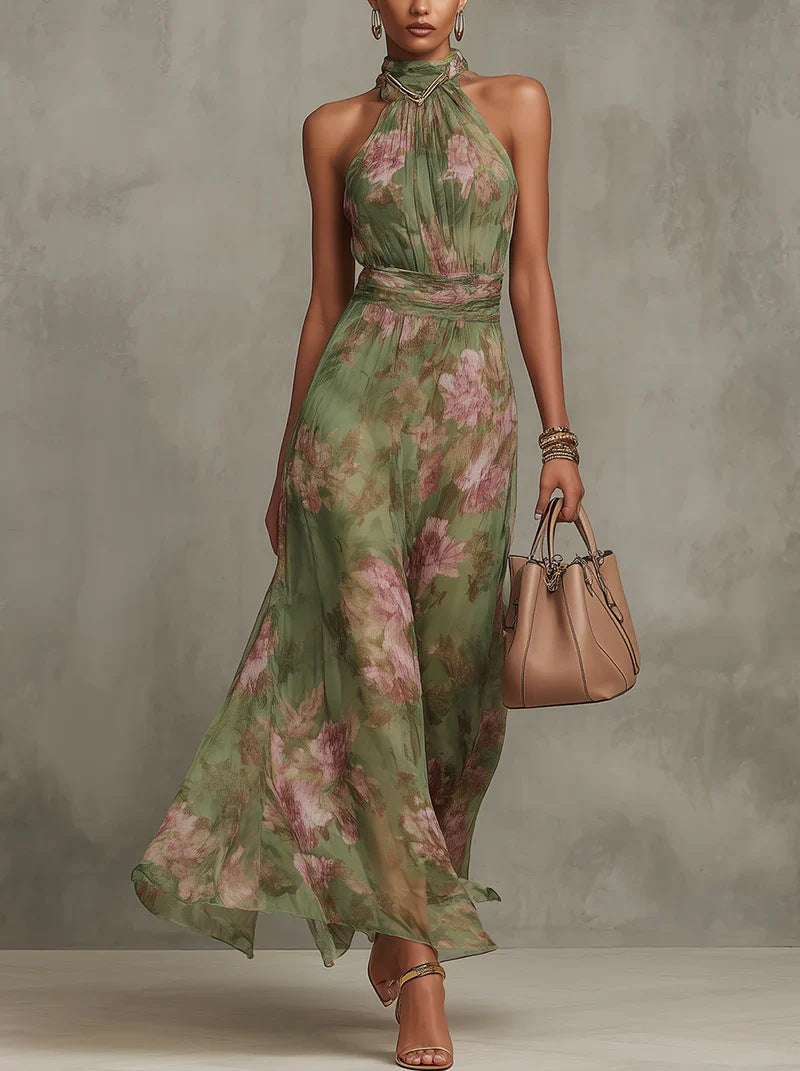 Olive Mirage Watercolor Halter Maxi Dress
