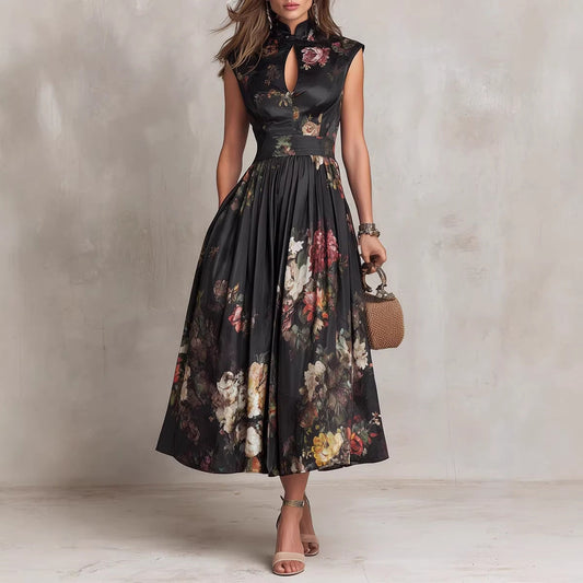 Midnight Garden Vintage Floral Pleated Maxi Dress