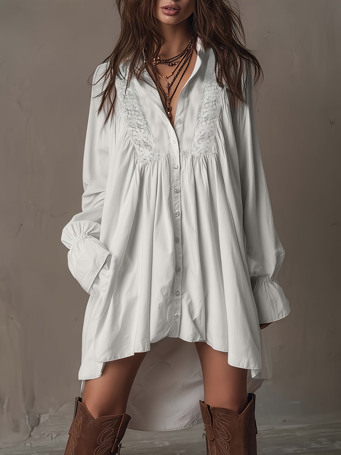Ivory Whisper Bohemian Lace Shirt Dress