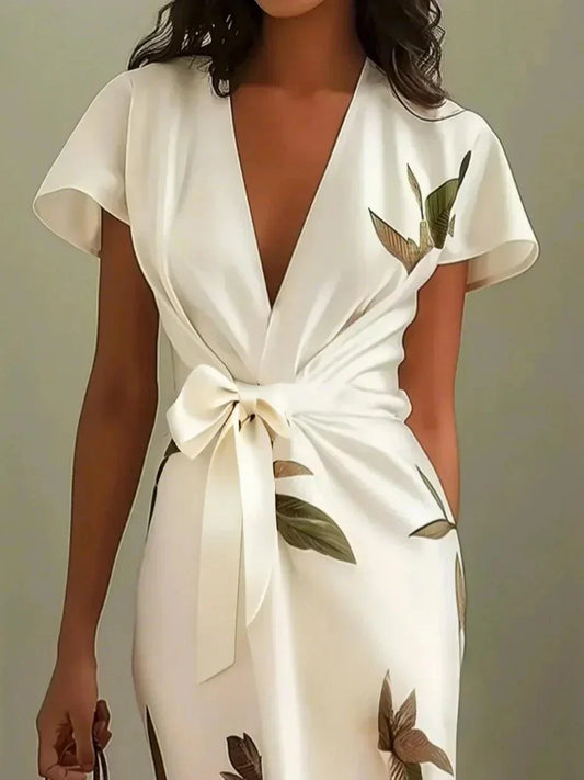Elegant Satin Wrap-Tie Botanical Midi Dress