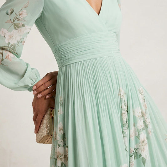 Sage Blossom Embroidered Sleeve Wrap Maxi Dress