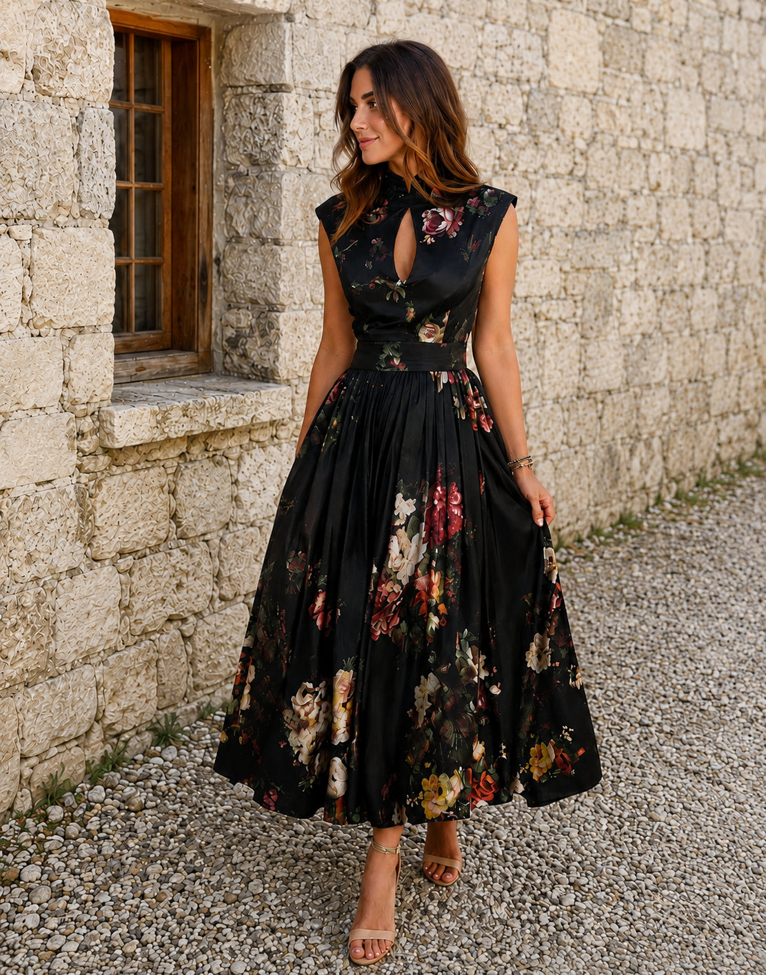 Midnight Garden Vintage Floral Pleated Maxi Dress