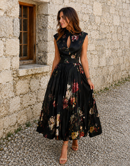 Midnight Garden Vintage Floral Pleated Maxi Dress