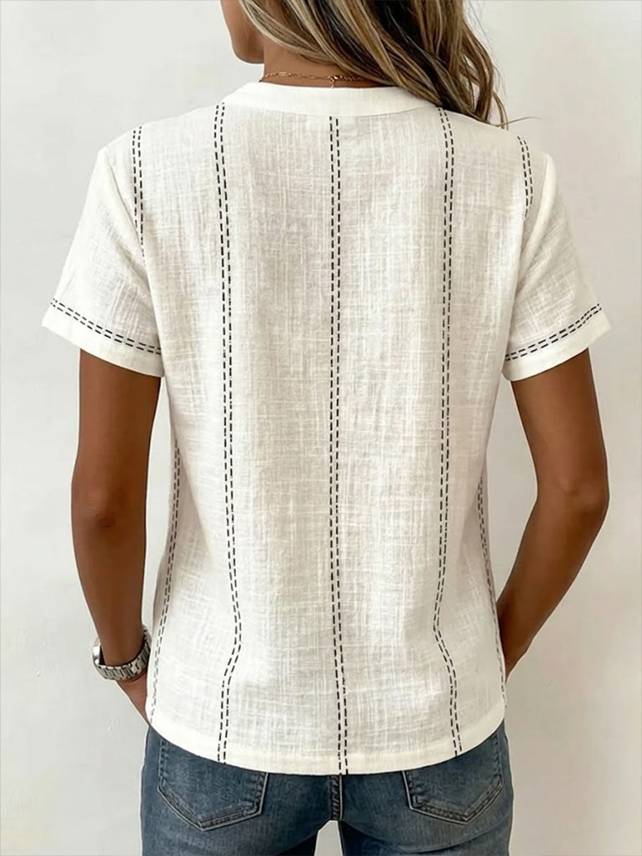 Women's V-neck Short-sleeve Casual Loose Cotton Top