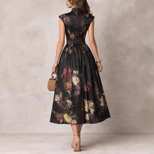 Midnight Garden Vintage Floral Pleated Maxi Dress