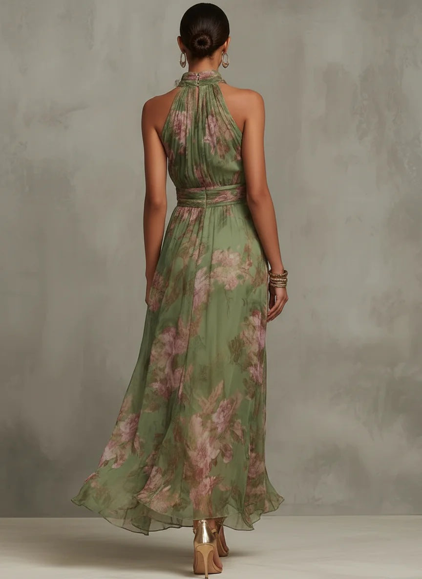 Olive Mirage Watercolor Halter Maxi Dress