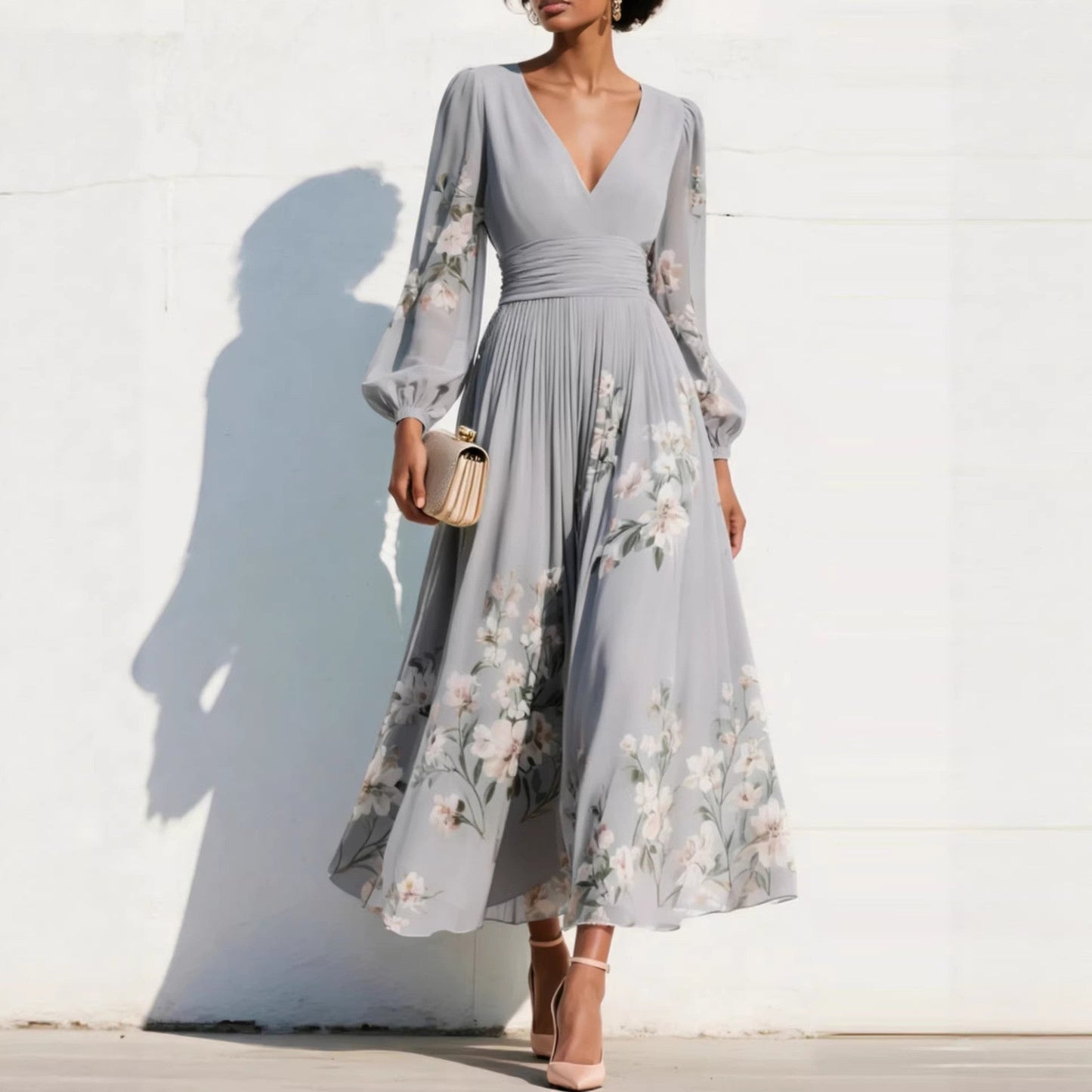Sage Blossom Embroidered Sleeve Wrap Maxi Dress