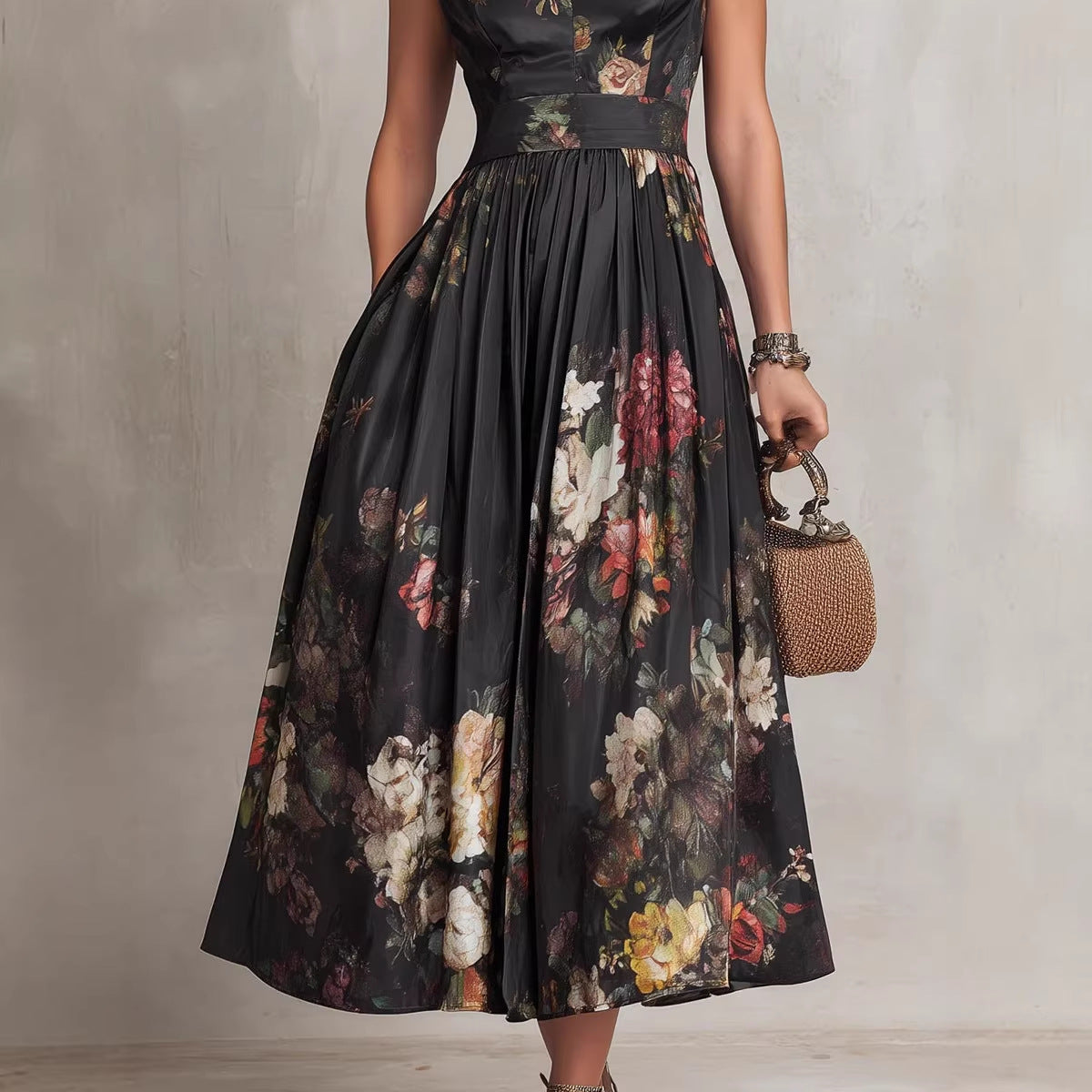 Midnight Garden Vintage Floral Pleated Maxi Dress