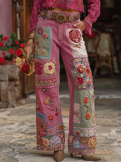 Women's Vintage Rose Floral Embroidery Art Wide Legs Jeans