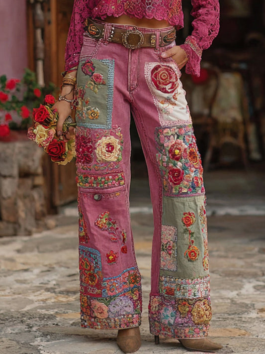 Women's Vintage Rose Floral Embroidery Art Wide Legs Jeans