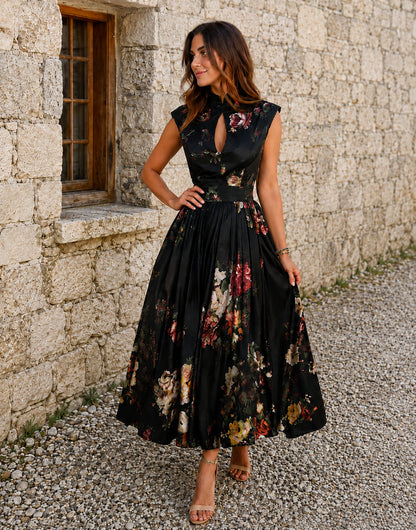 Midnight Garden Vintage Floral Pleated Maxi Dress