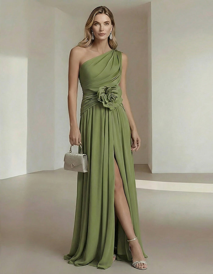 Solid Color One Shoulder Chiffon Dress With 3D Floral High Slit Maxi Dress