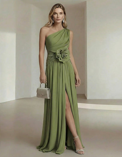 Solid Color One Shoulder Chiffon Dress With 3D Floral High Slit Maxi Dress