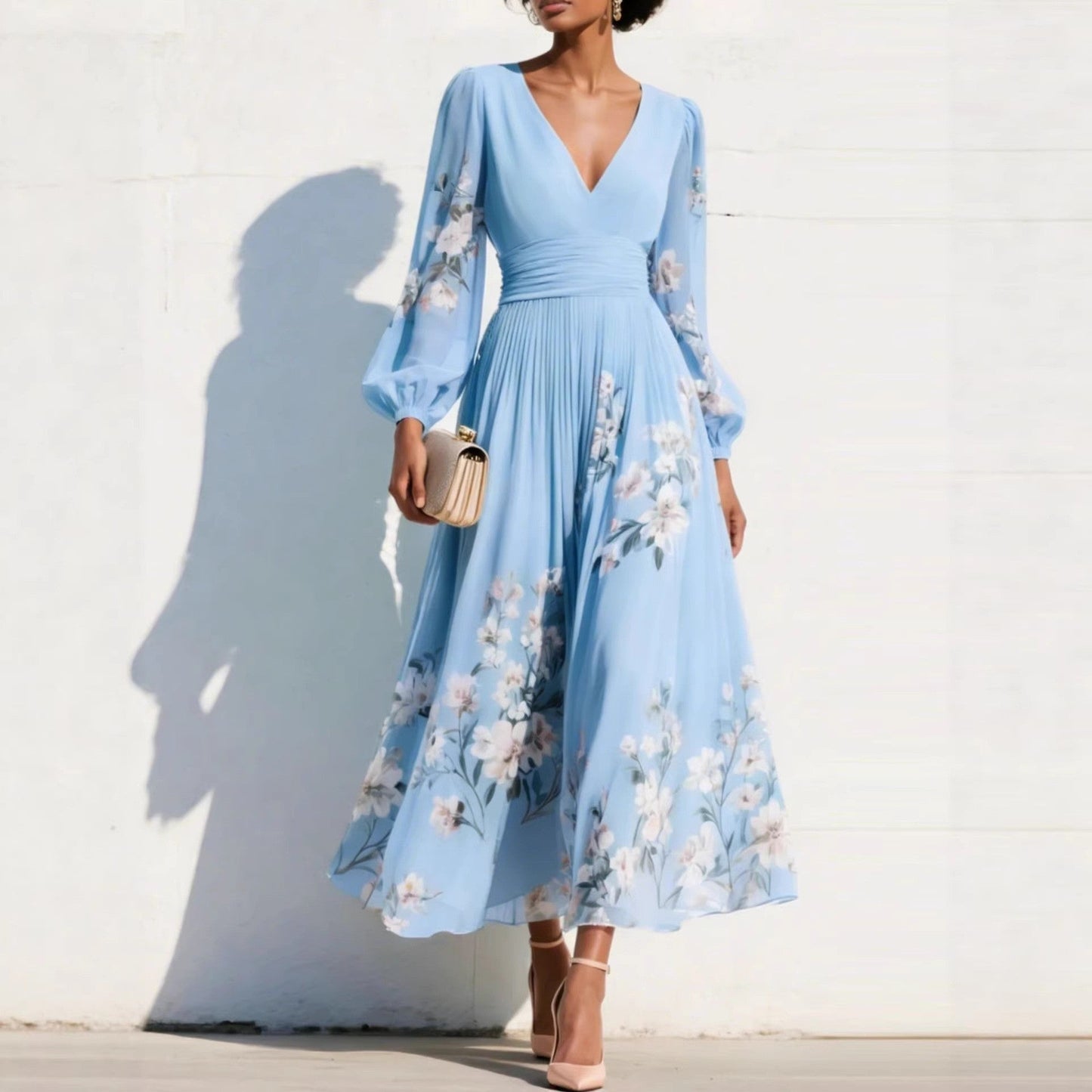 Sage Blossom Embroidered Sleeve Wrap Maxi Dress