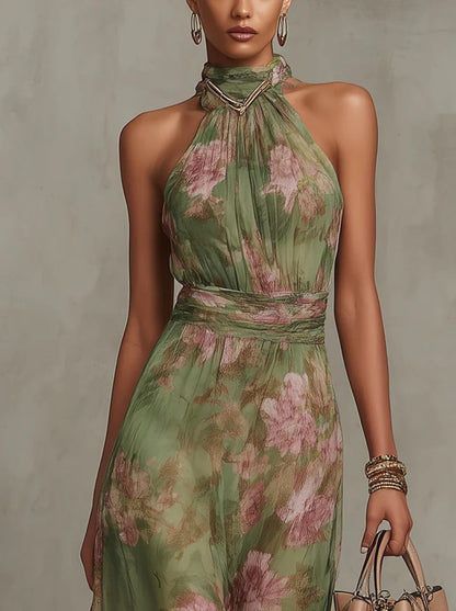 Olive Mirage Watercolor Halter Maxi Dress
