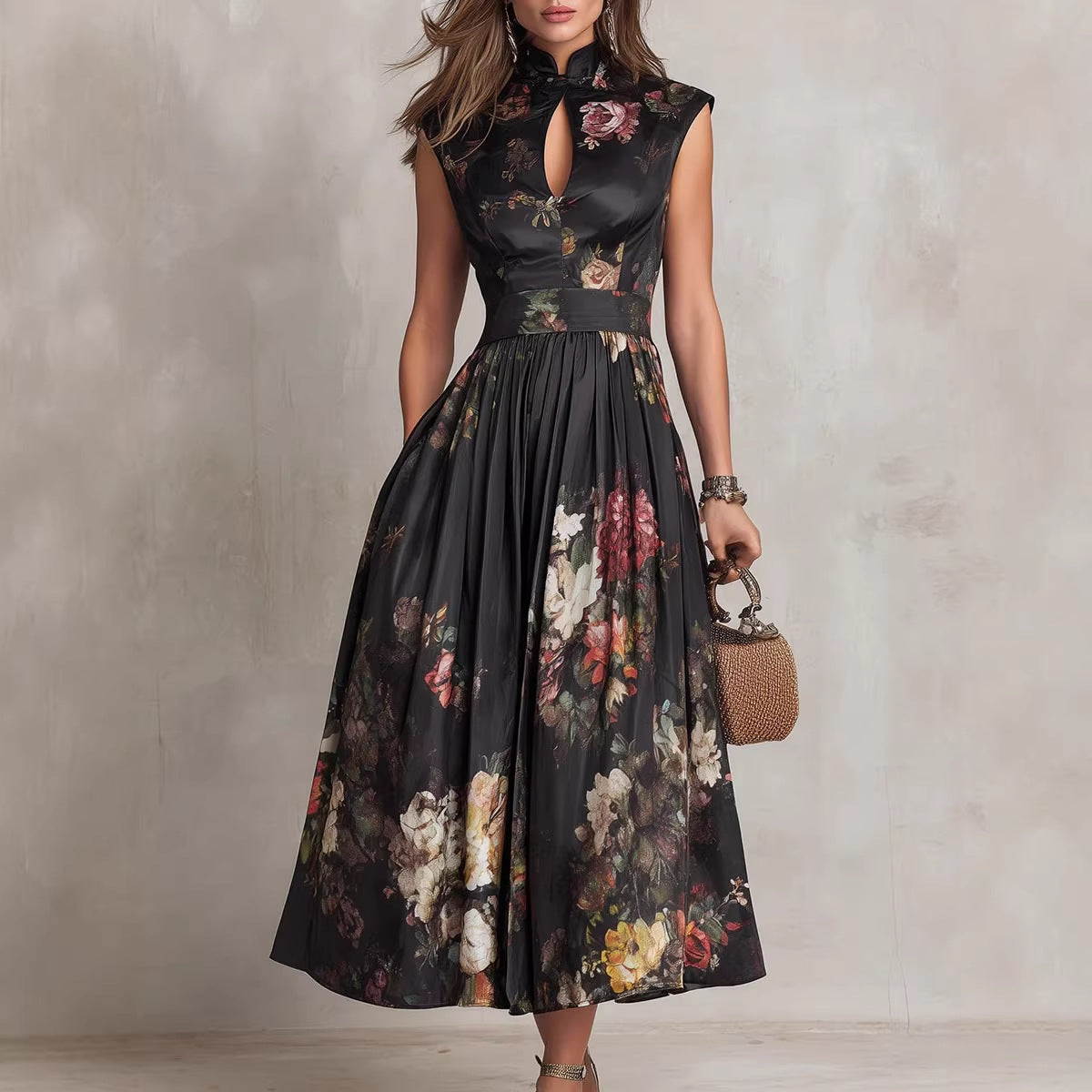 Midnight Garden Vintage Floral Pleated Maxi Dress