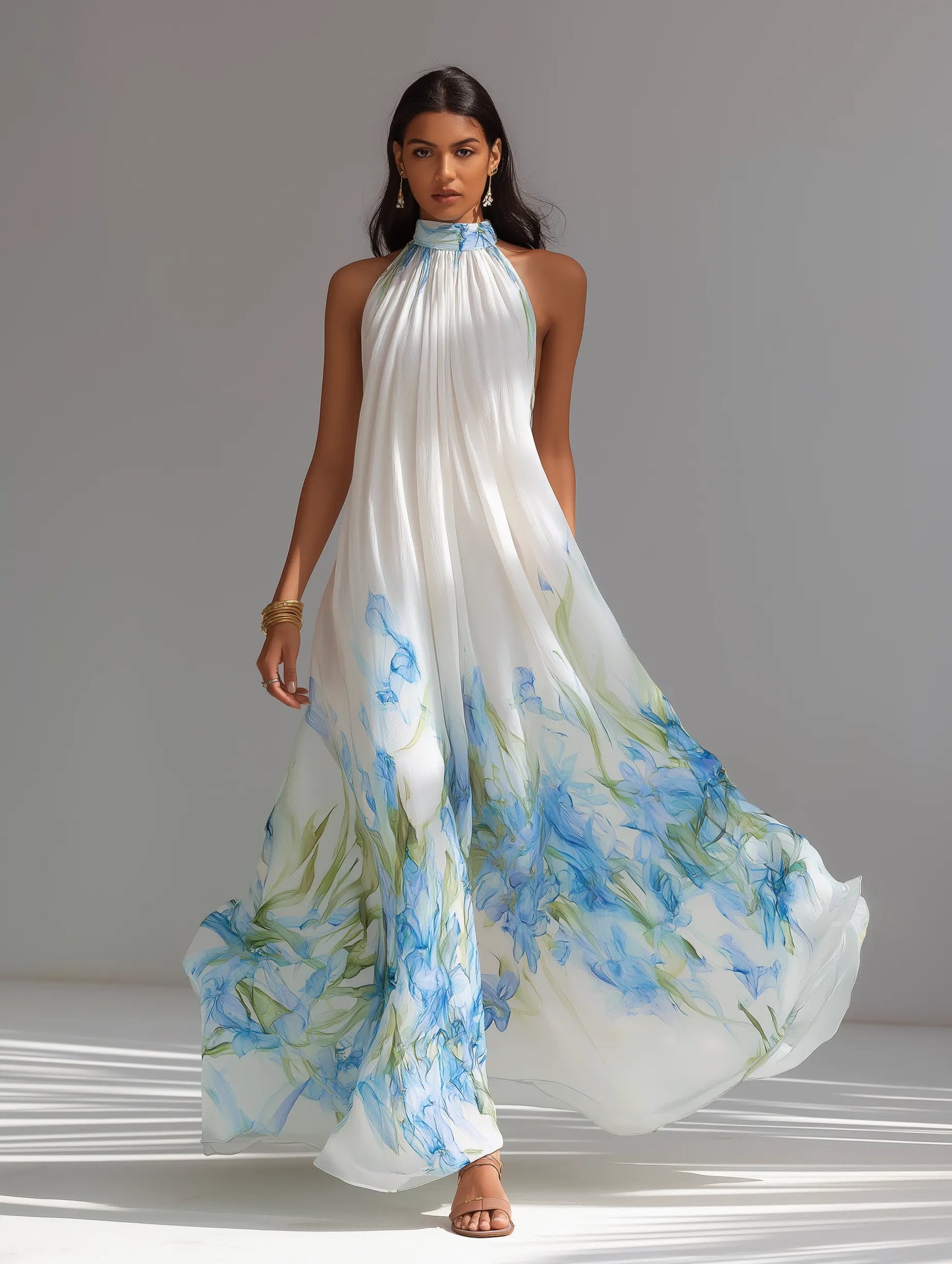 White Blue Floral Halter Maxi Dress – Elegant Resort Vacation Style