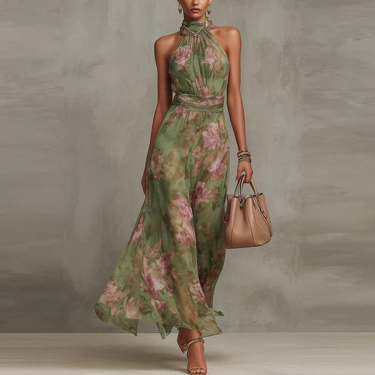 Olive Mirage Watercolor Halter Maxi Dress