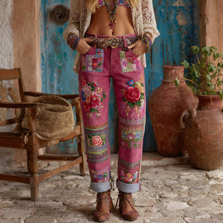 Women's Vintage Rose Floral Embroidery Art Jeans