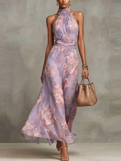 Olive Mirage Watercolor Halter Maxi Dress