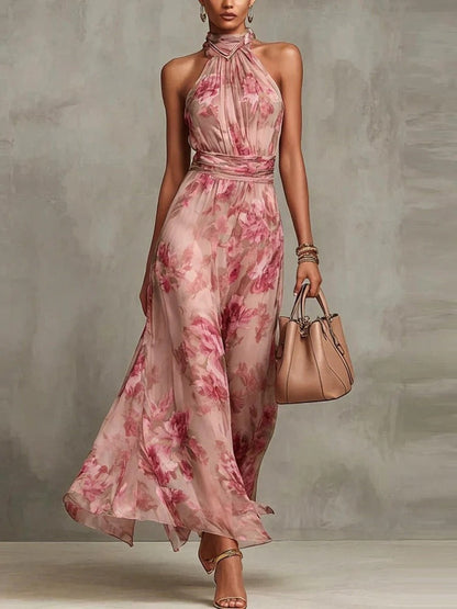Olive Mirage Watercolor Halter Maxi Dress