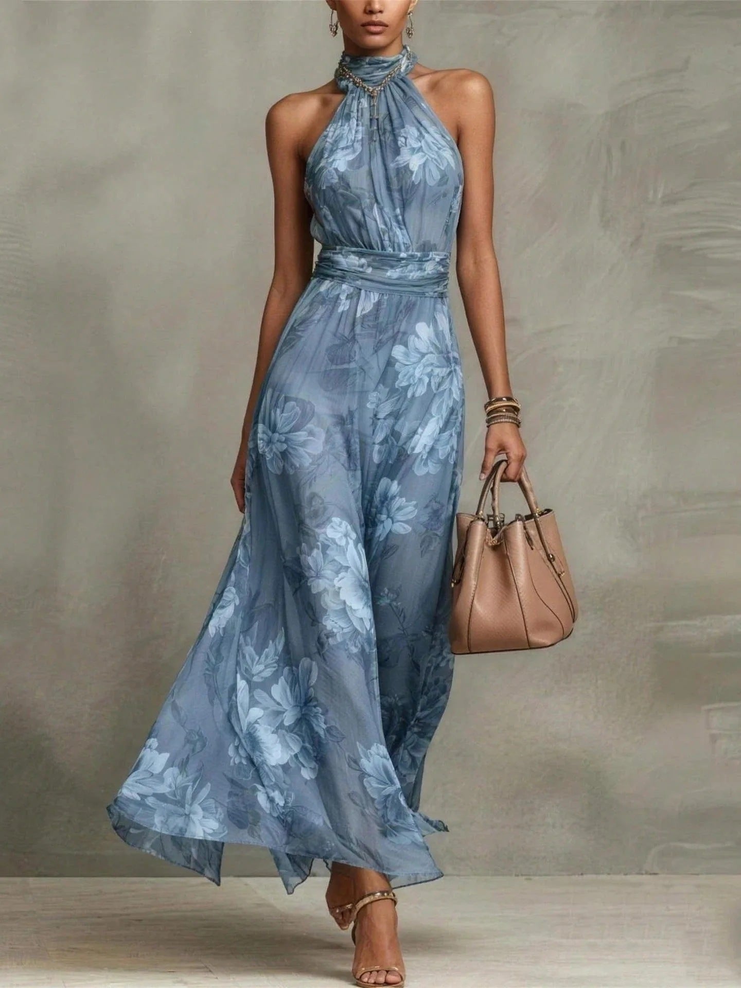 Olive Mirage Watercolor Halter Maxi Dress