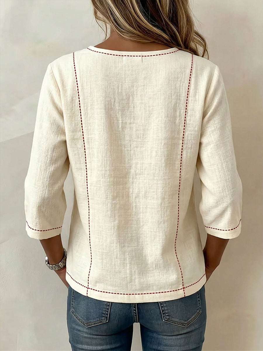 Women's Square-neck 3/4-sleeve Loose-fit Cotton-linen Top