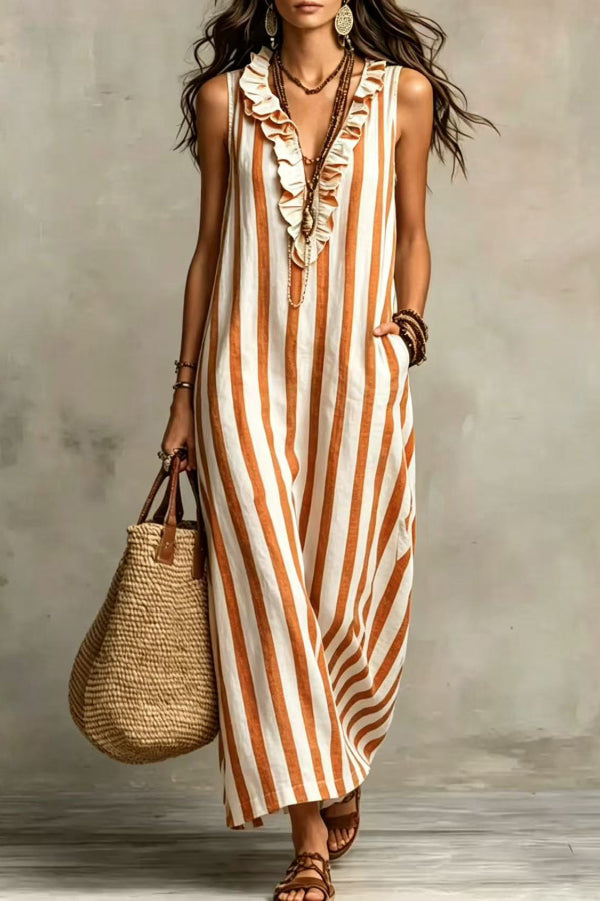 Red Stripe Ruffle V-Neck Boho Maxi Dress
