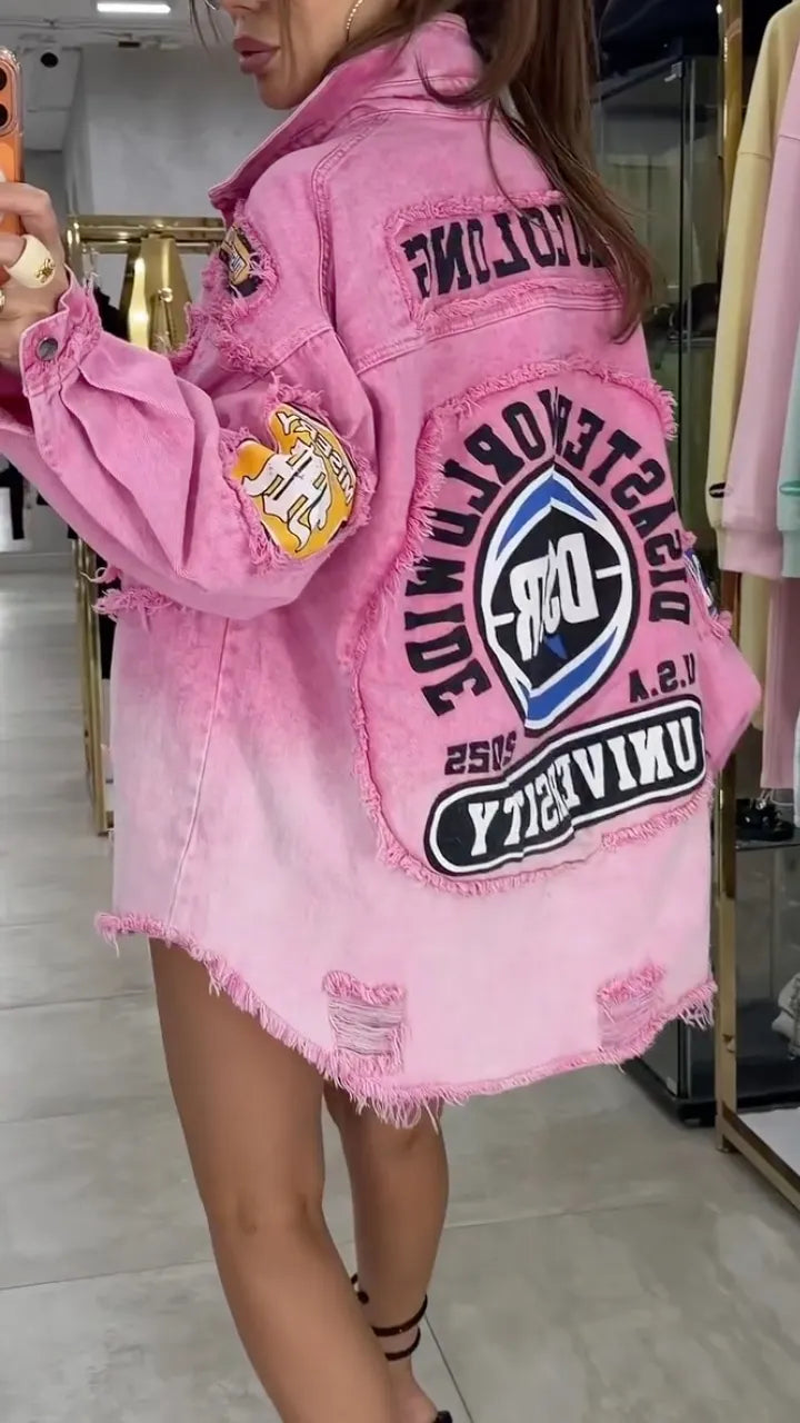 Pink Distressed Patchwork Oversized Denim Shirt Jacket