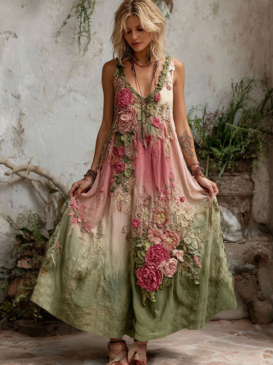 Women Vintage Floral Art V Neck Linen Maxi Dress