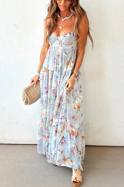 Light Blue Floral Tiered Boho Maxi Dress – Soft Romantic Elegance