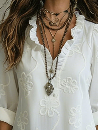 Embroidered V Neck Maxi Dress Casual Fit
