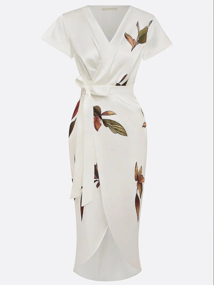 Elegant Satin Wrap-Tie Botanical Midi Dress