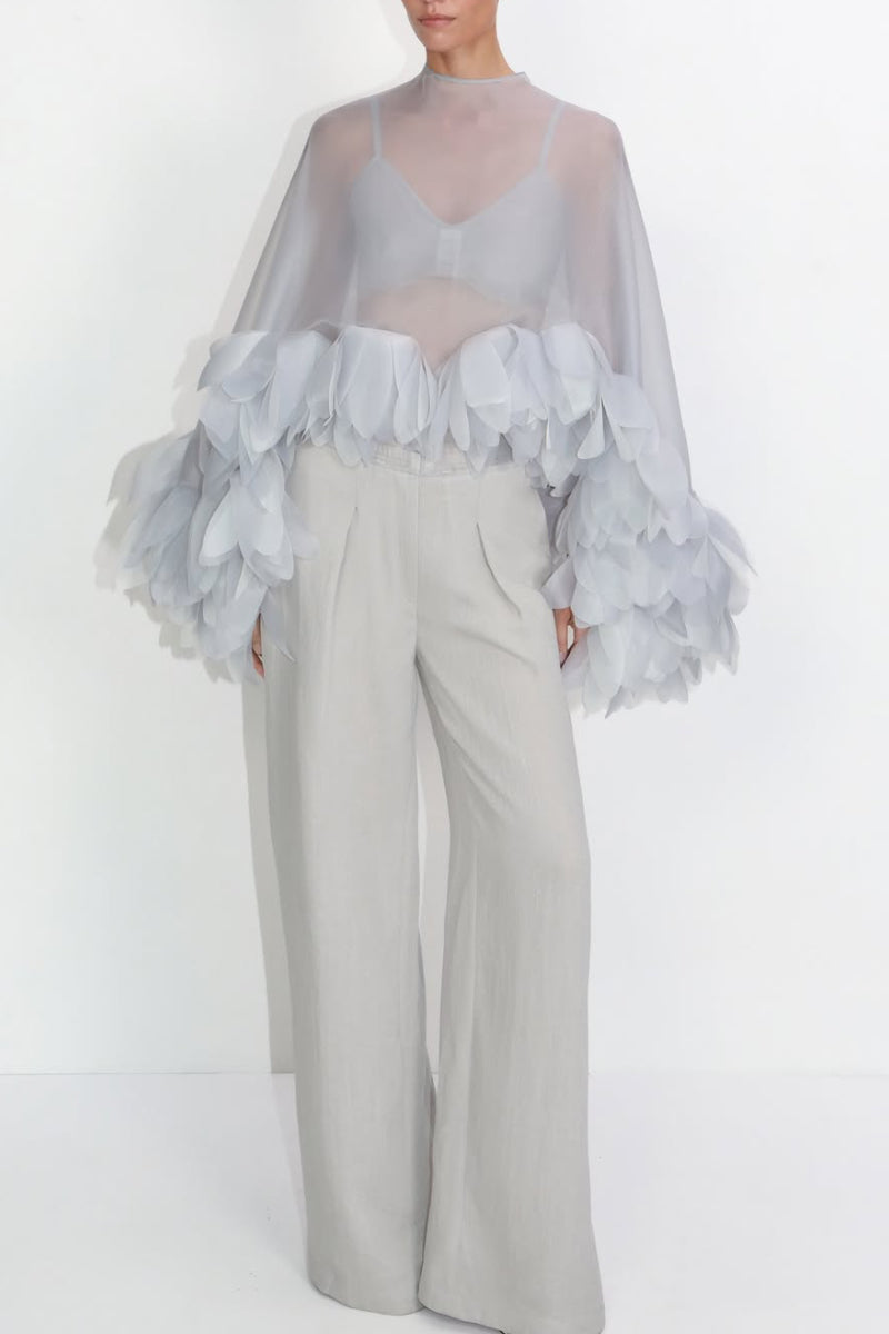 Light Grey Sheer Organza Blouse with 3D Petal Ruffle Sleeves